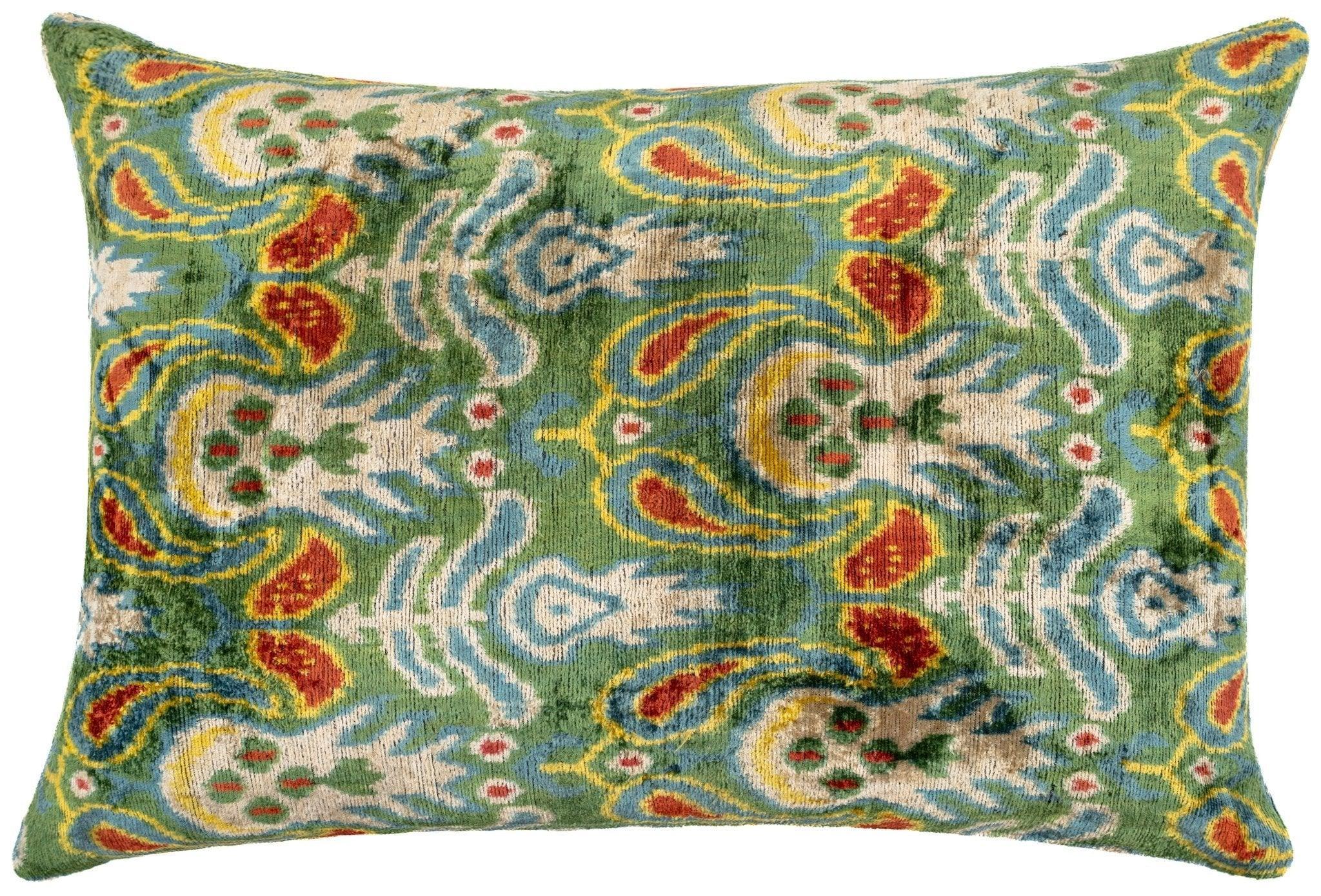 Canvello Exquisite 16x24 in Handmade Ikat Silk Velvet Pillow with Premium Down Feather Insert – Vibrant Vegetable Dyed Colors Canvello
