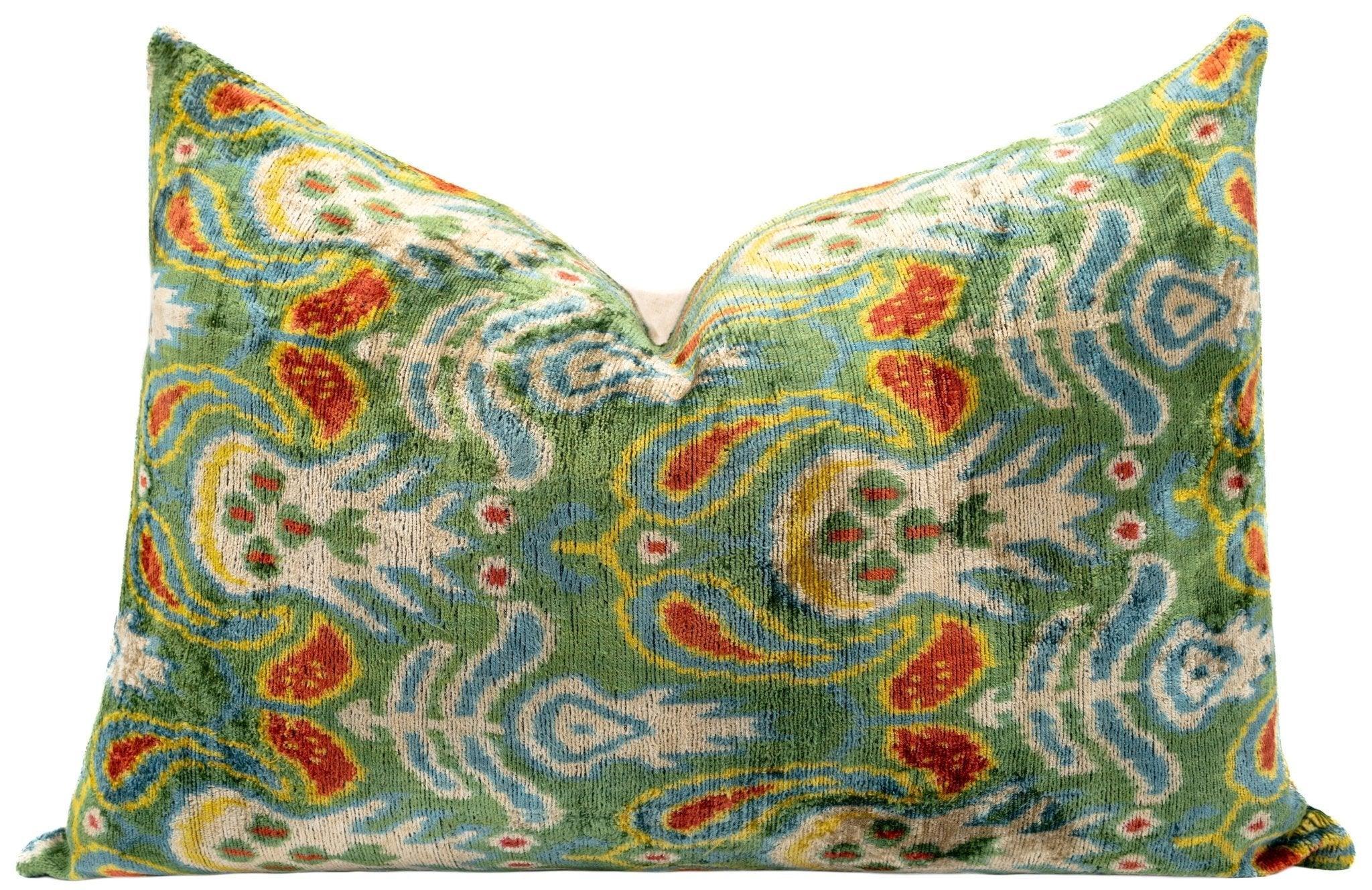 Canvello Exquisite 16x24 in Handmade Ikat Silk Velvet Pillow with Premium Down Feather Insert – Vibrant Vegetable Dyed Colors Canvello
