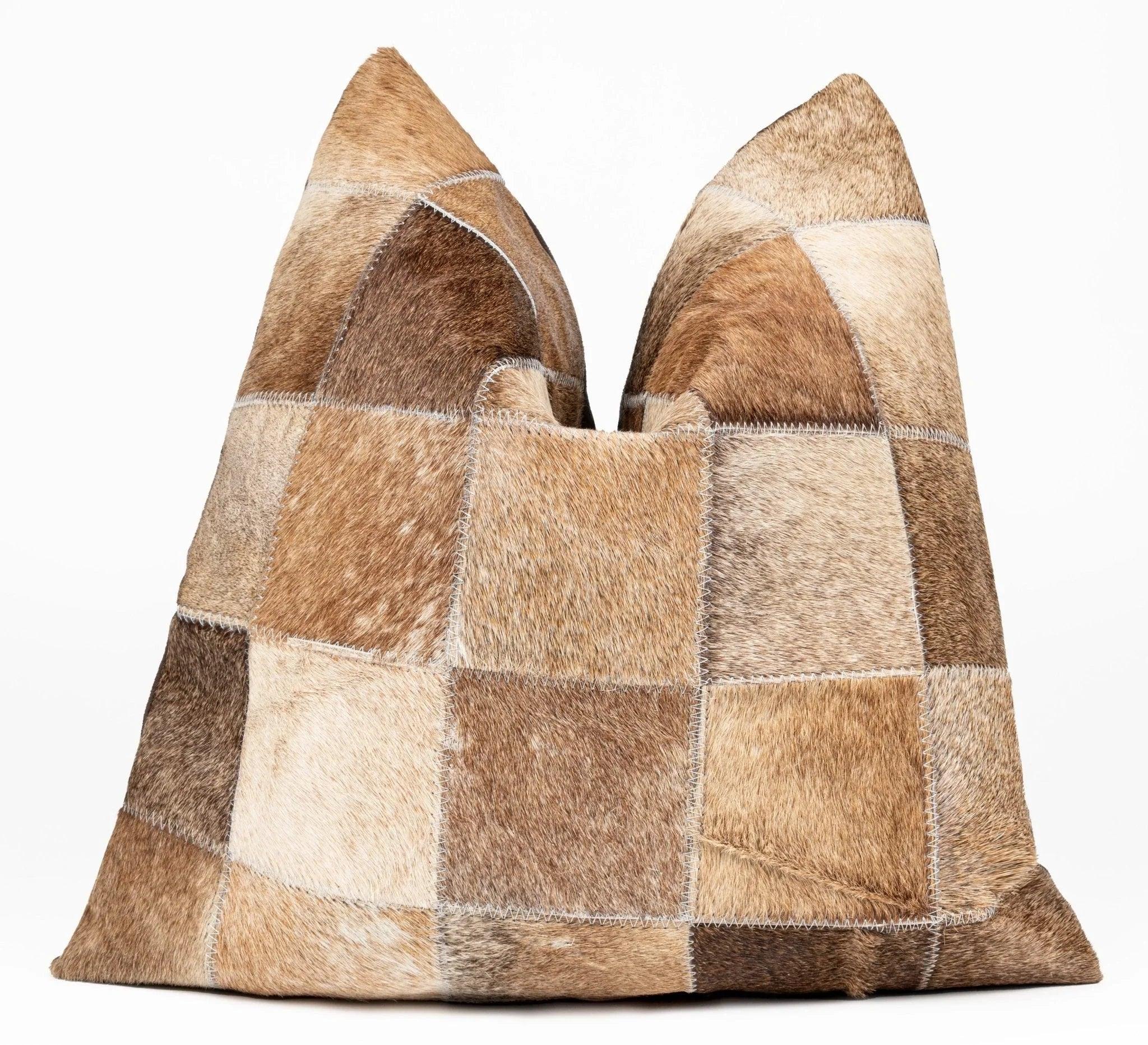 Canvello Genuine Cowhide Leather Decorative Throw Pillows - Handmade Patchwork Boho Accent Pillows For Sofa, Couch, Bed, Chair - Western Southwestern Farmhouse Pillow Covers With Feather Down Insert Included Canvello
