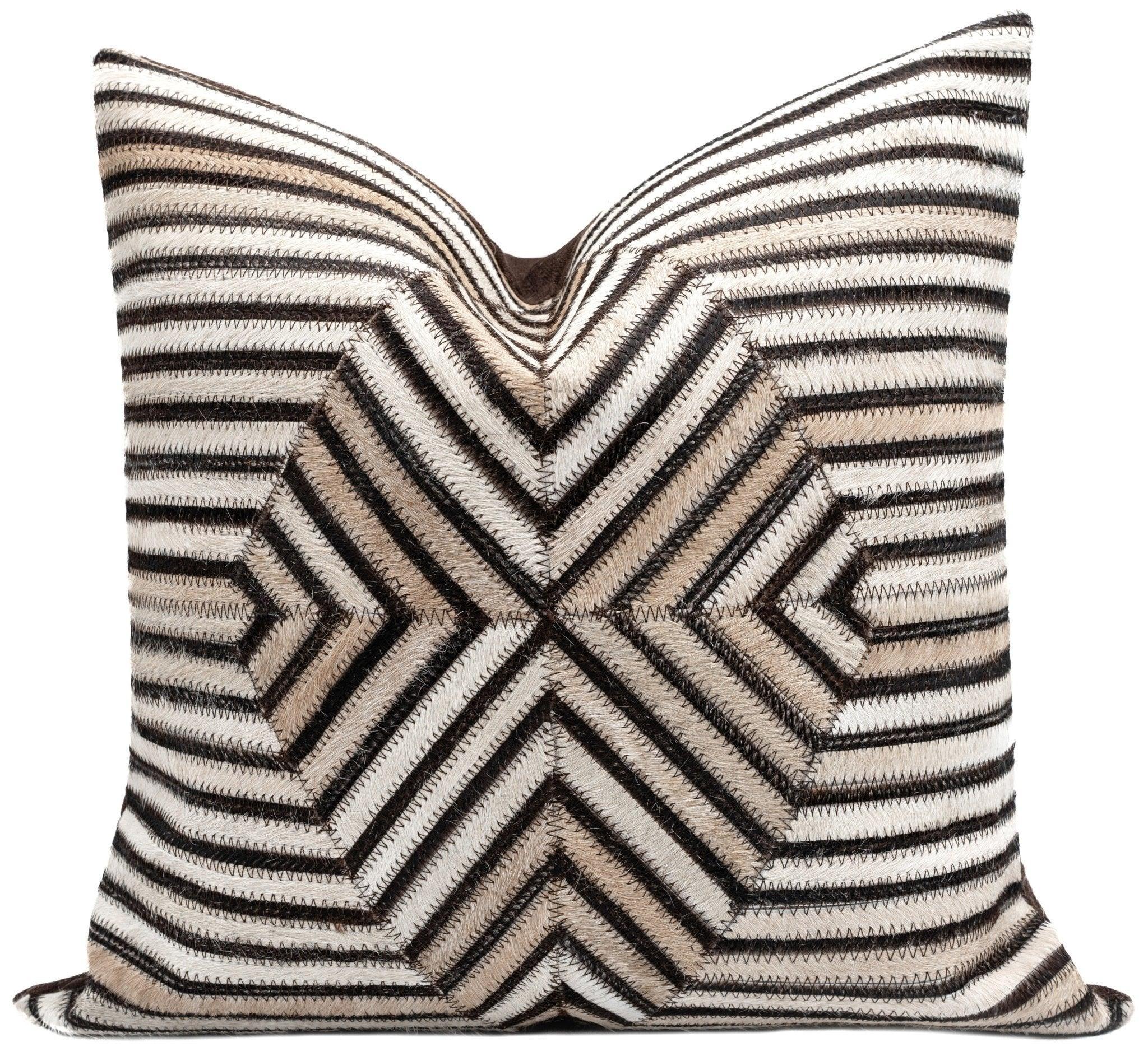 Canvello Genuine Cowhide Leather Decorative Throw Pillows - Handmade Patchwork Boho Accent Pillows For Sofa, Couch, Bed, Chair - Western Southwestern Farmhouse Pillow Covers With Feather Down Insert Included Canvello