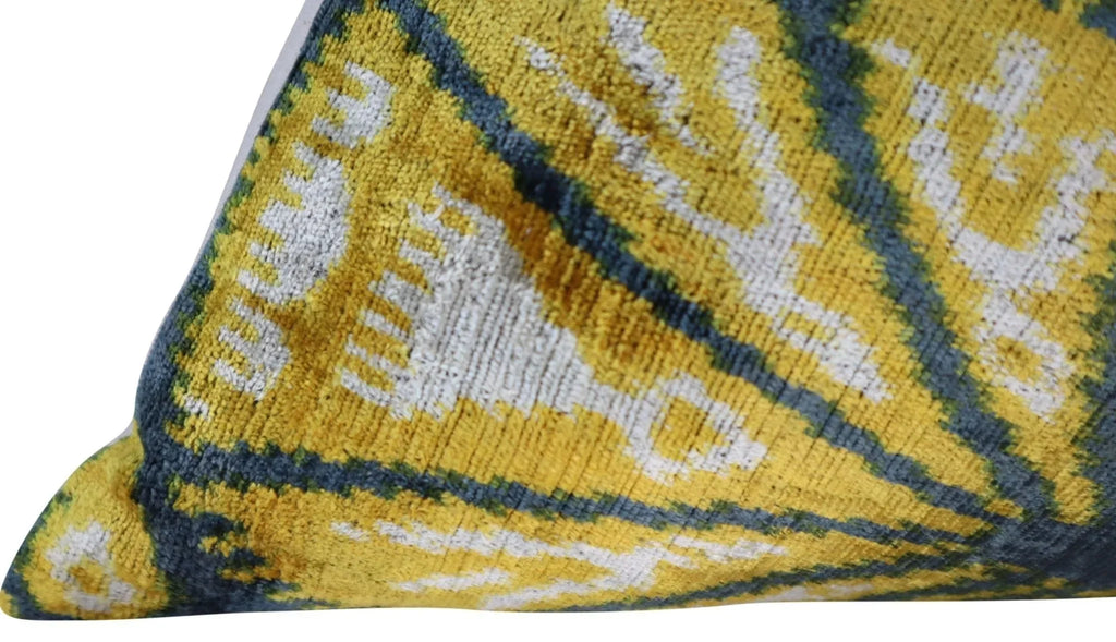 Canvello Gold Gray Handmade 16x24 Silk Velvet Pillow, Organic Veg Dyed, Down/feather Filled, angled view - House Of Avana