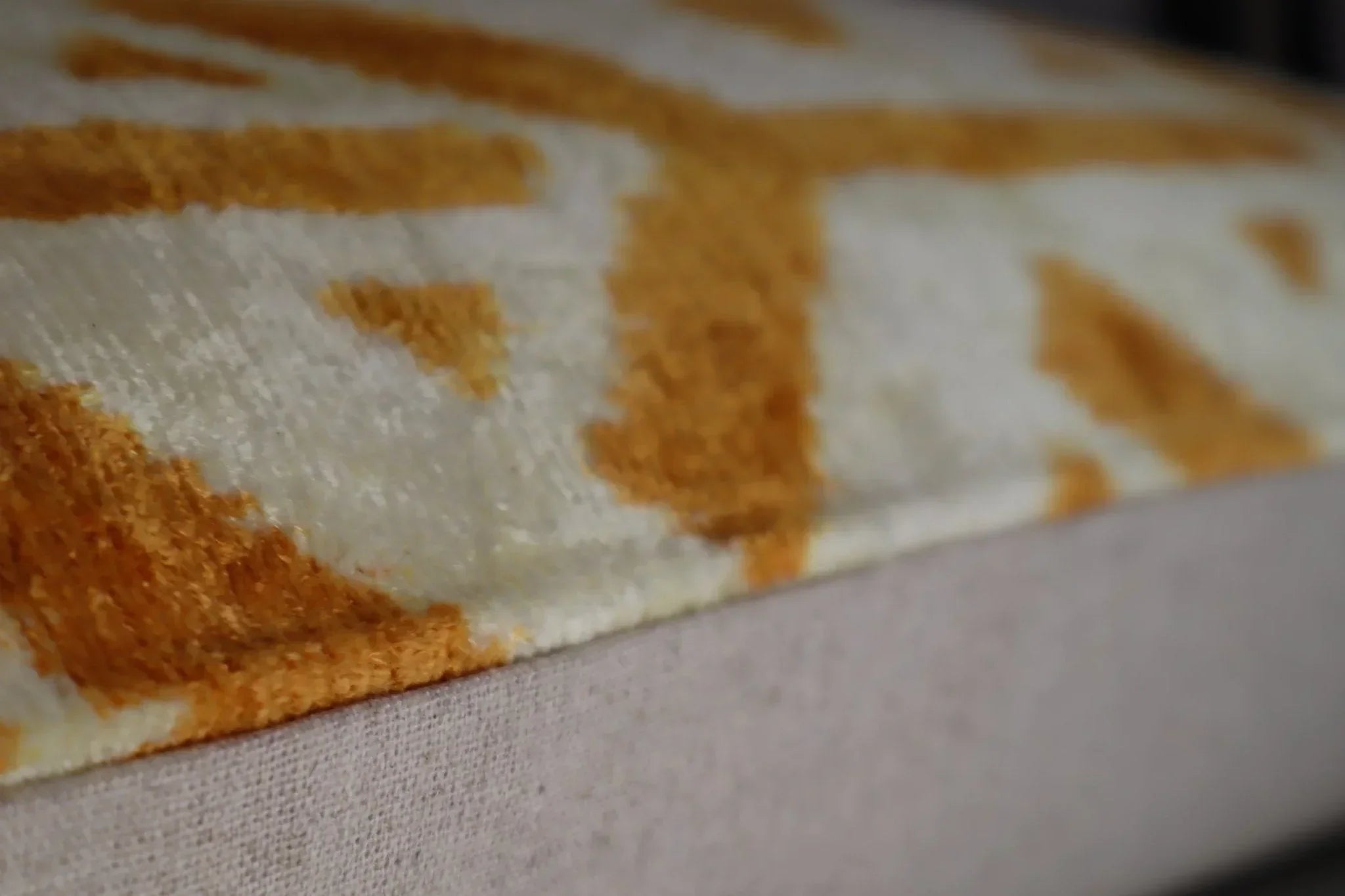 Canvello Gold Ivory Handmade 16x24 Silk Velvet Pillow, Organic Veg Dyed, Down/feather Filled, angled view - House Of Avana