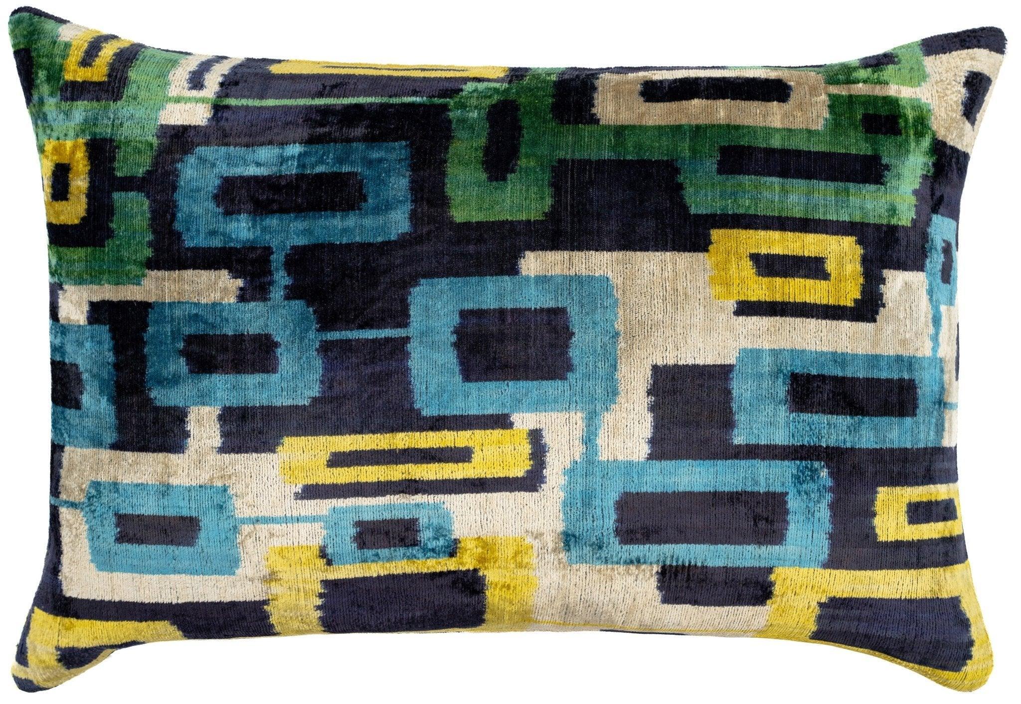 Canvello Green Blue Handmade 16x24 Silk Velvet Pillow, Organic Veg Dyed, Down/feather Filled, detail shot - House Of Avana