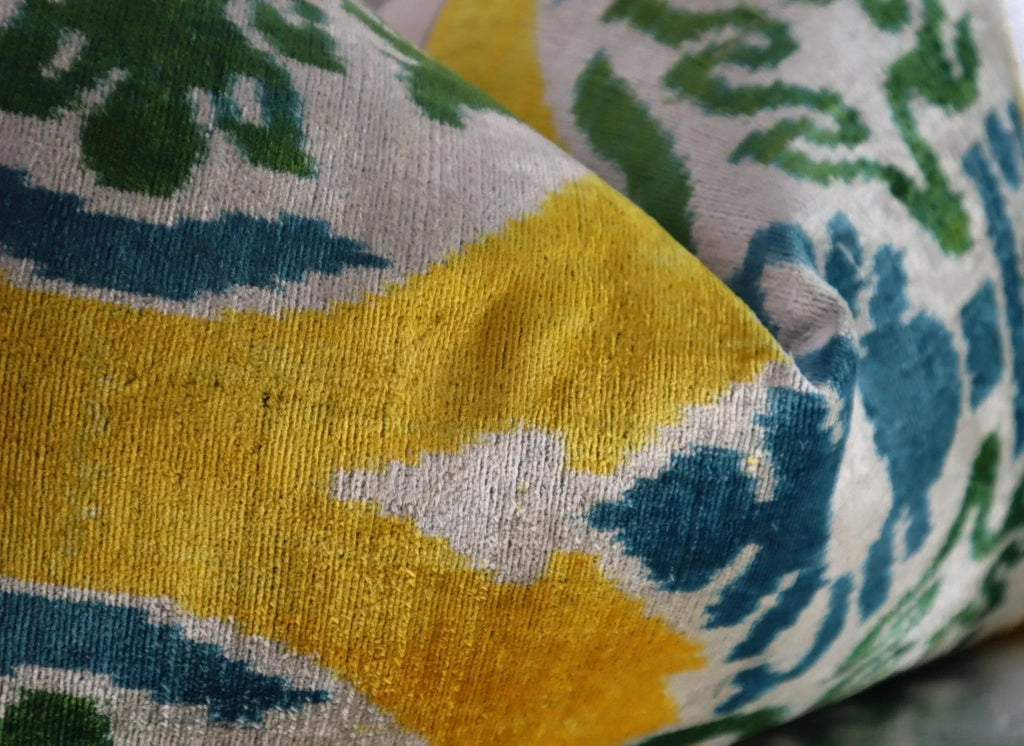 Canvello Green Yellow Blue Handmade 16x24 Silk Velvet Pillow, Organic Veg Dyed, Down/feather Filled,... - House Of Avana