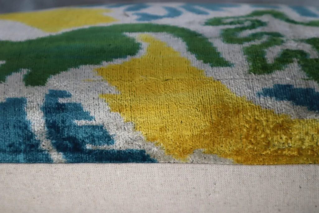 Canvello Green Yellow Blue Handmade 16x24 Silk Velvet Pillow, Organic Veg Dyed, Down/feather Filled, top... - House Of Avana