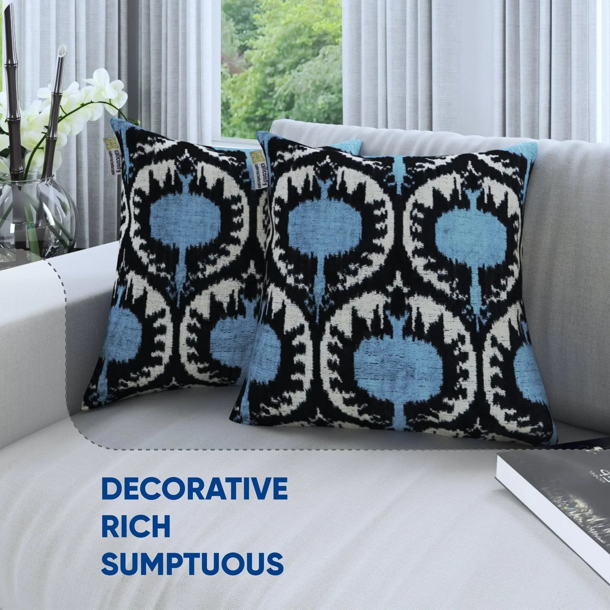 Canvello Handmade Blue Black Velvet Throw Pillows - 18x18, back view - House Of Avana