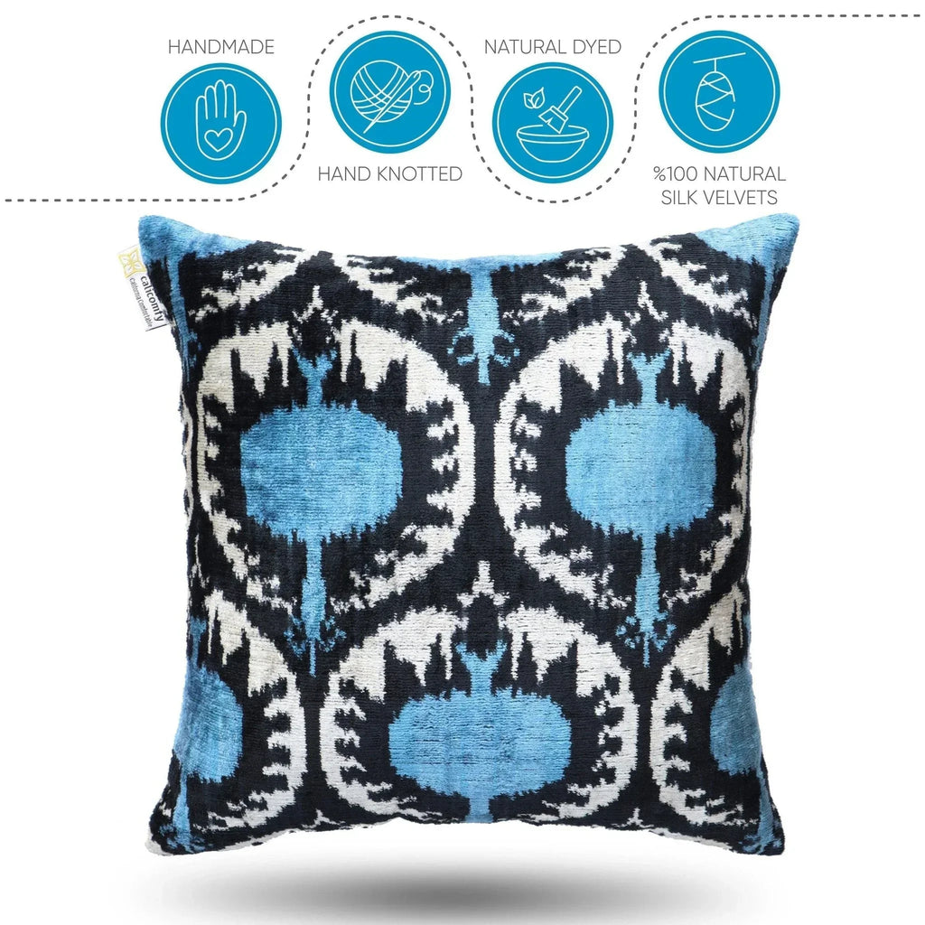 Canvello Handmade Blue Black Velvet Throw Pillows - 18x18, front view - House Of Avana