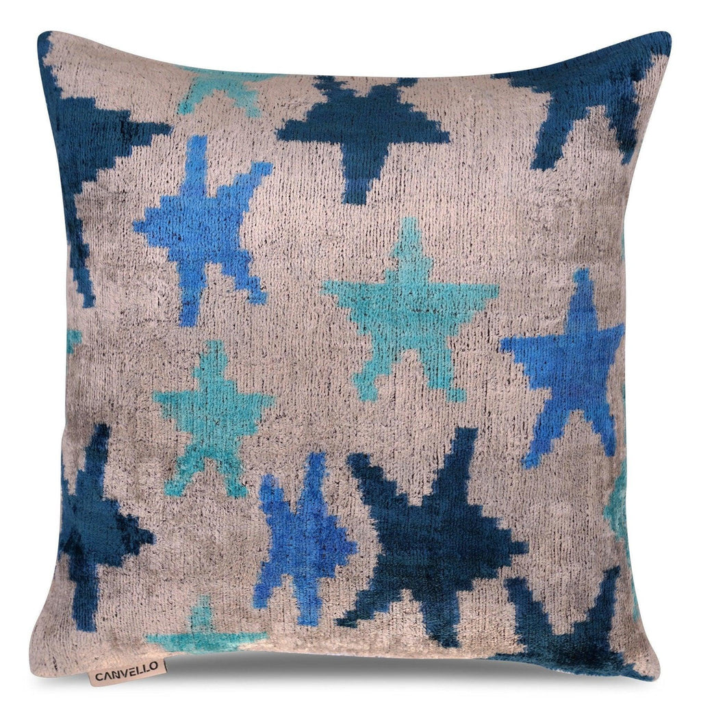 Canvello Handmade Blue Silver Start Print Throw Pillows - 16x16 Inch, front view - House Of Avana