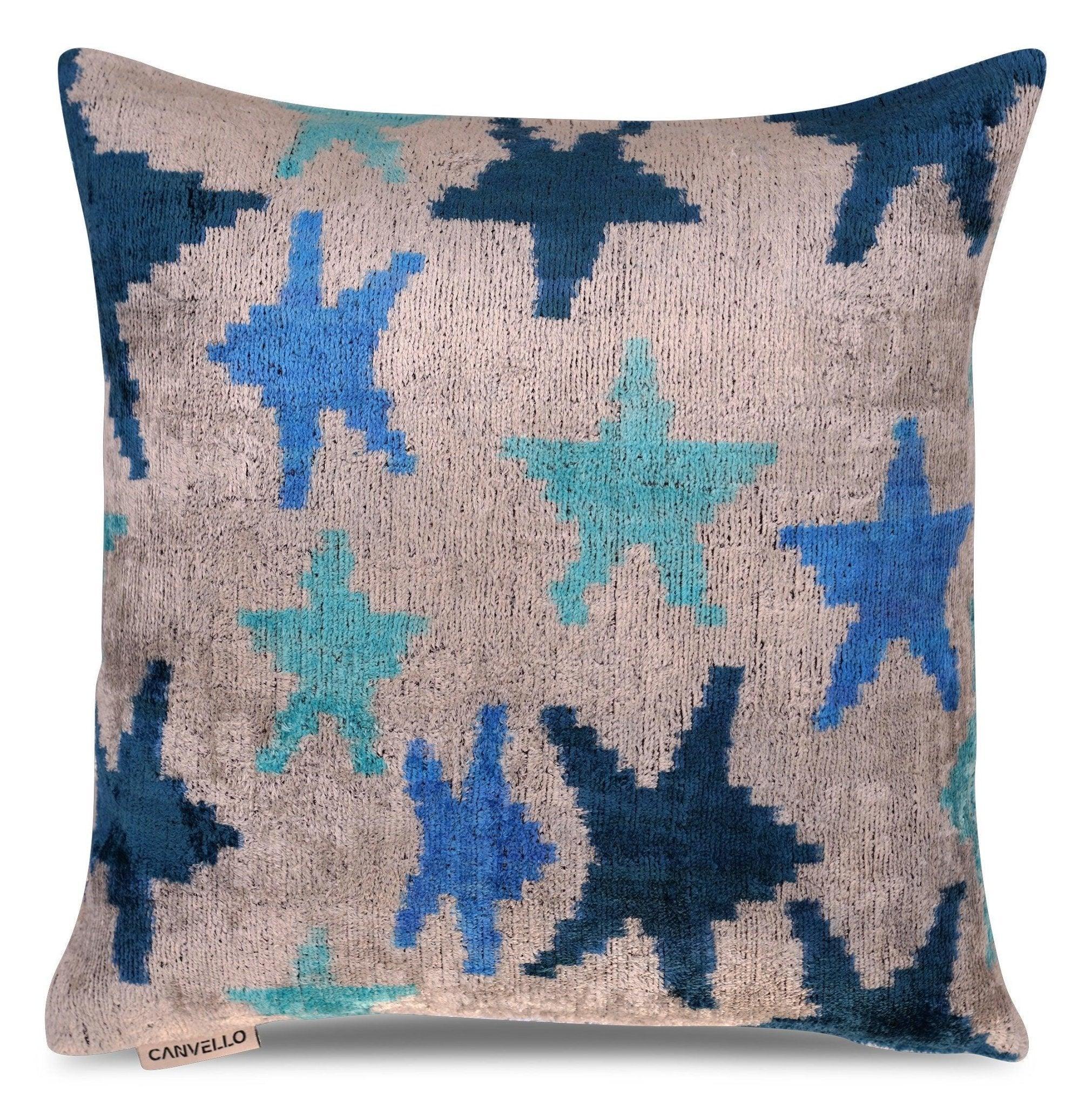 Canvello Handmade Blue Silver Start Print Throw Pillows - 16x16 Inch, front view - House Of Avana