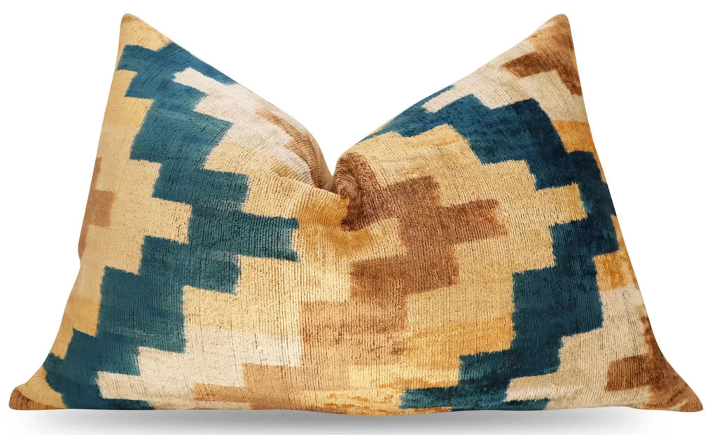 Canvello Handmade Earhtone Geometric Silk Velvet Ikat pillow - 16"X24" Canvello