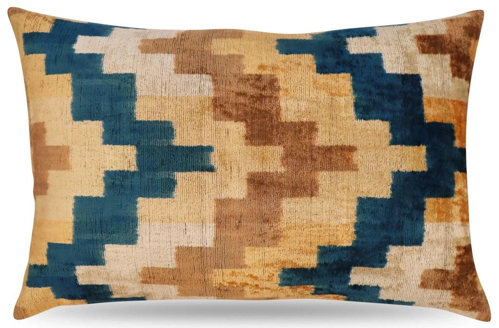 Canvello Handmade Earhtone Geometric Silk Velvet Ikat pillow - 16"X24" Canvello