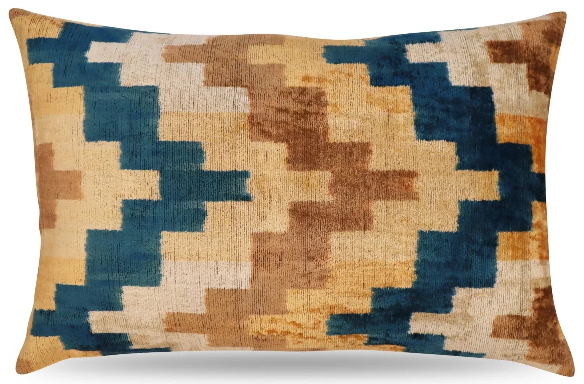 Canvello Handmade Earhtone Geometric Silk Velvet Ikat pillow - 16"X24" Canvello