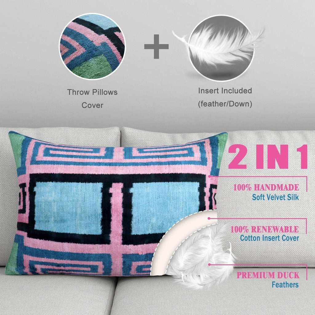 Canvello Handmade Geometric Velvet Throw Pillow with Vibrant Pink Blue Green - Perfect for Modern... - House Of Avana