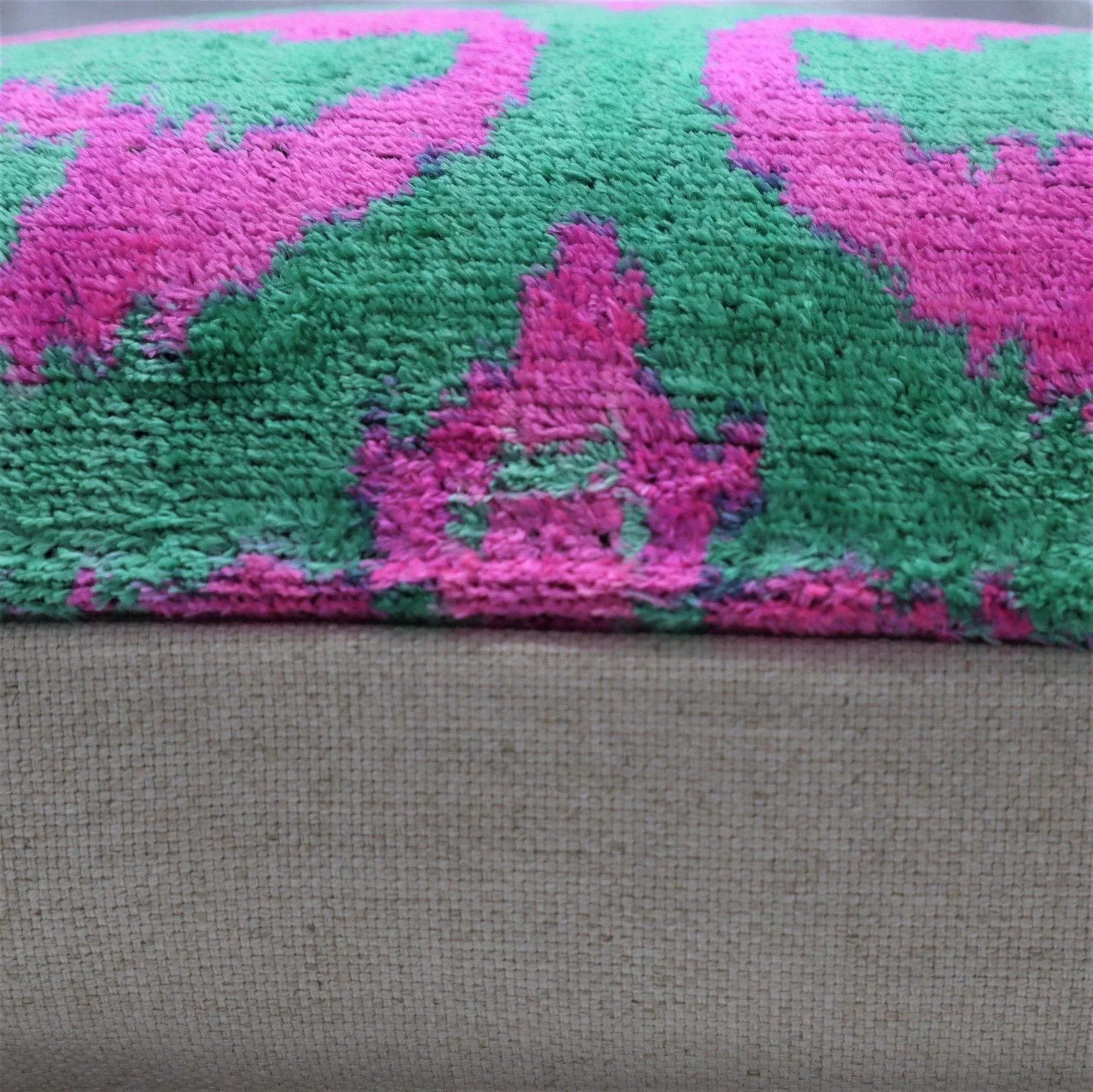 Canvello Handmade Green Pink Velvet Throw Pillow - 20x20, top view - House Of Avana