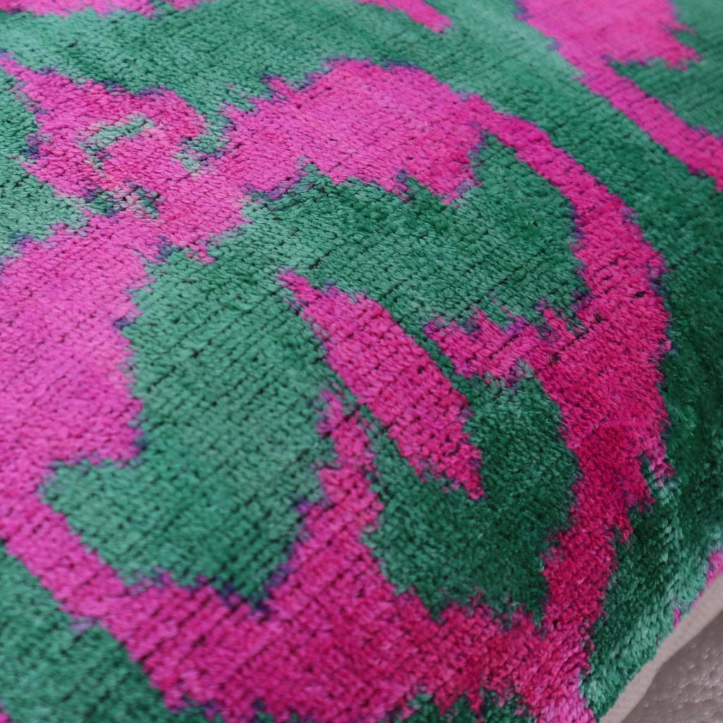 Canvello Handmade Green Pink Velvet Throw Pillow - 20x20, angled view - House Of Avana