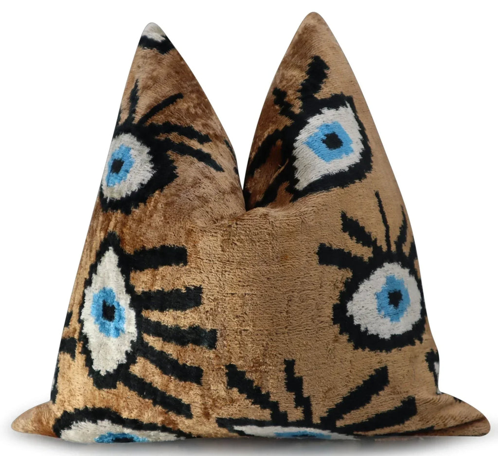 Canvello Handmade Luxury Handmade Velvet Silk Evil Eye Throw Pillow With Down Insert - 16x16 in Canvello