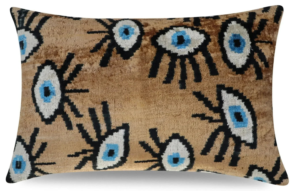 Canvello Handmade Luxury Handmade Velvet Silk Evil Eye Throw Pillow With Down Insert- 16x24 in Canvello