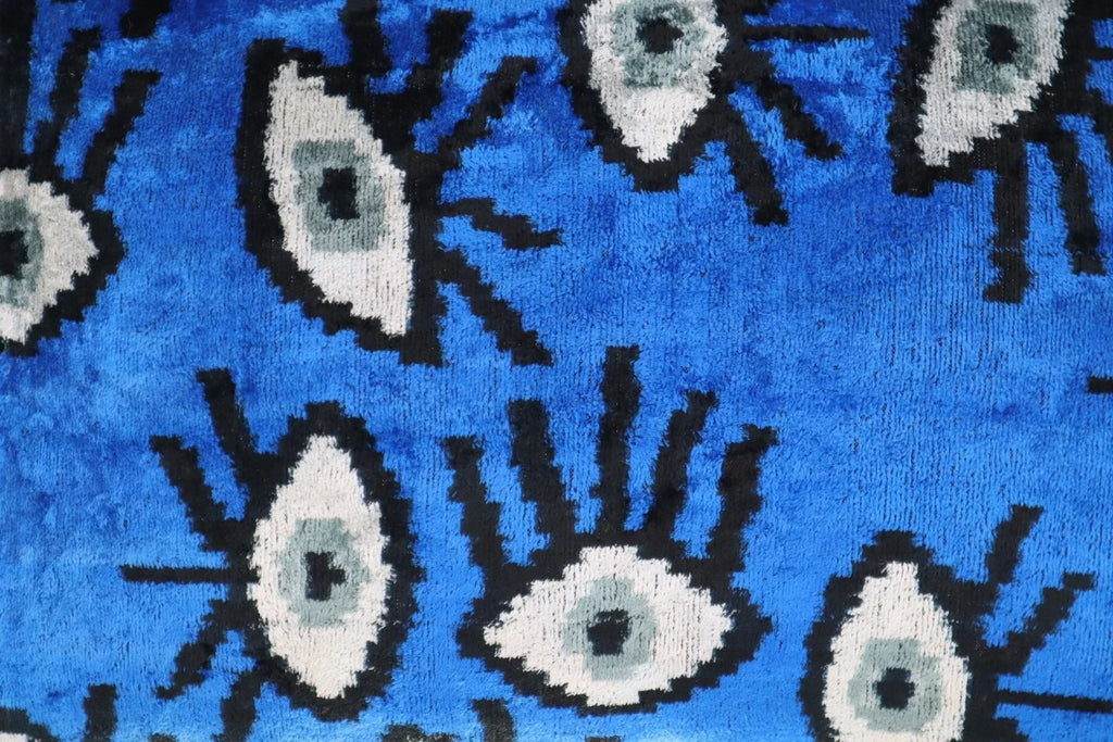 Canvello Handmade Luxury Handmade Velvet Silk Evil Eye Throw Pillow with Down Insert, angled view - House Of Avana