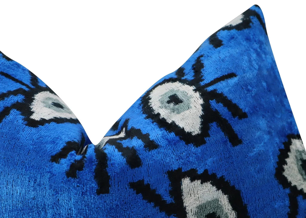 Canvello Handmade Luxury Handmade Velvet Silk Evil Eye Throw Pillow with Down Insert, angled view - House Of Avana