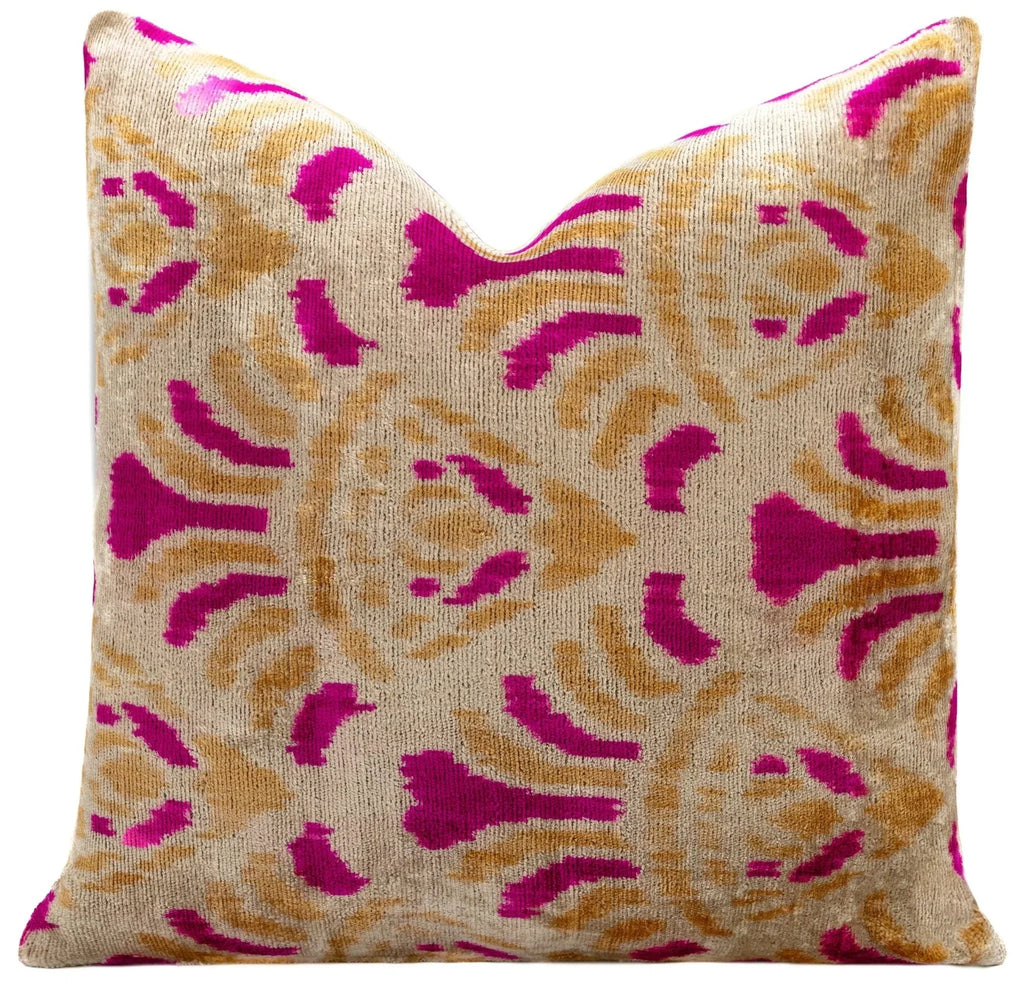 Canvello Handmade Pink and Gold Floral Design Throw Pillow - 16x16 inch, Silk Velvet, Vegetable Dyed with Premium Down Feather Insert Canvello