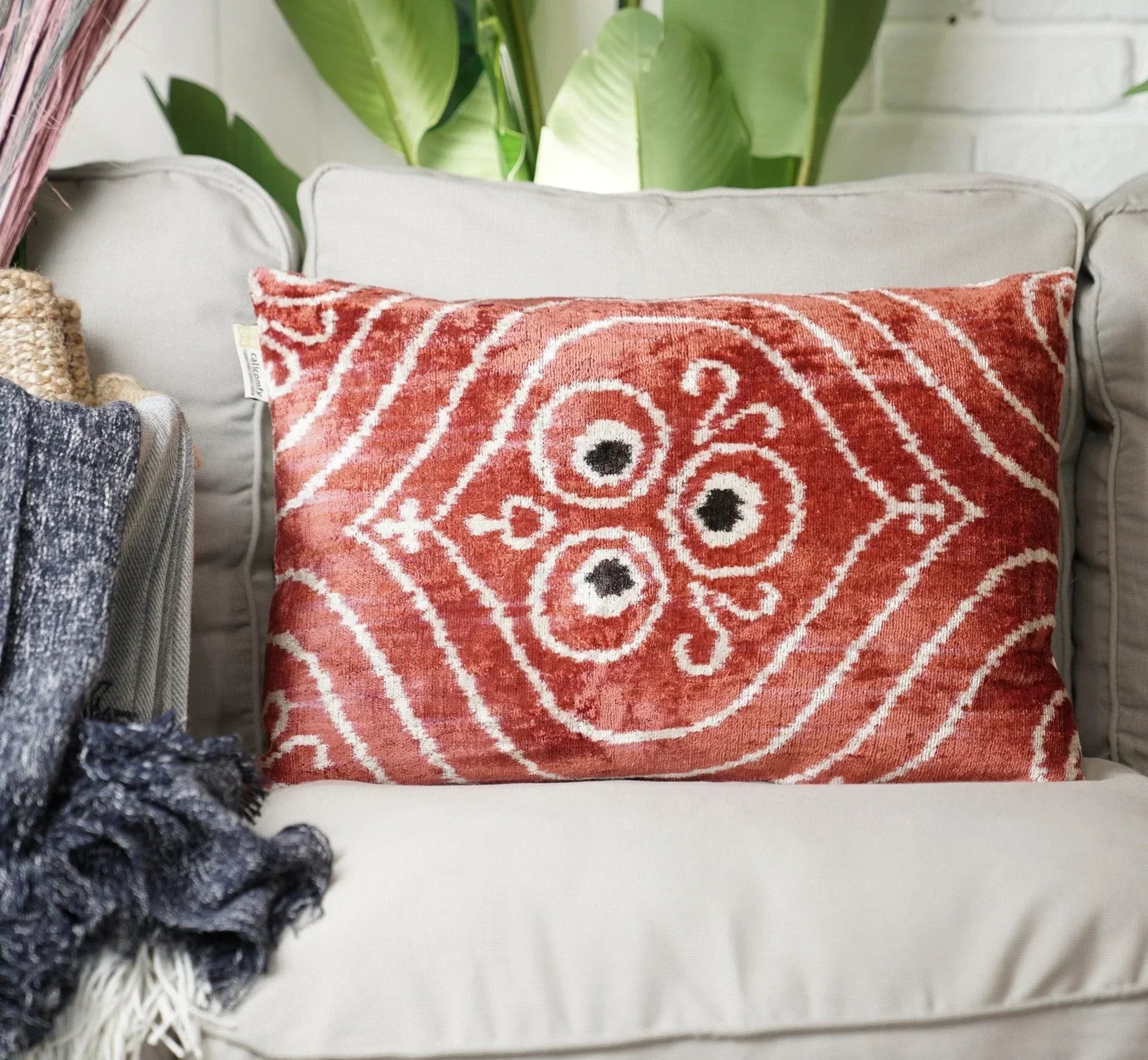 Canvello Handmade Red Brown Floral Throw Pillow with Down Insert -16"X24" Canvello