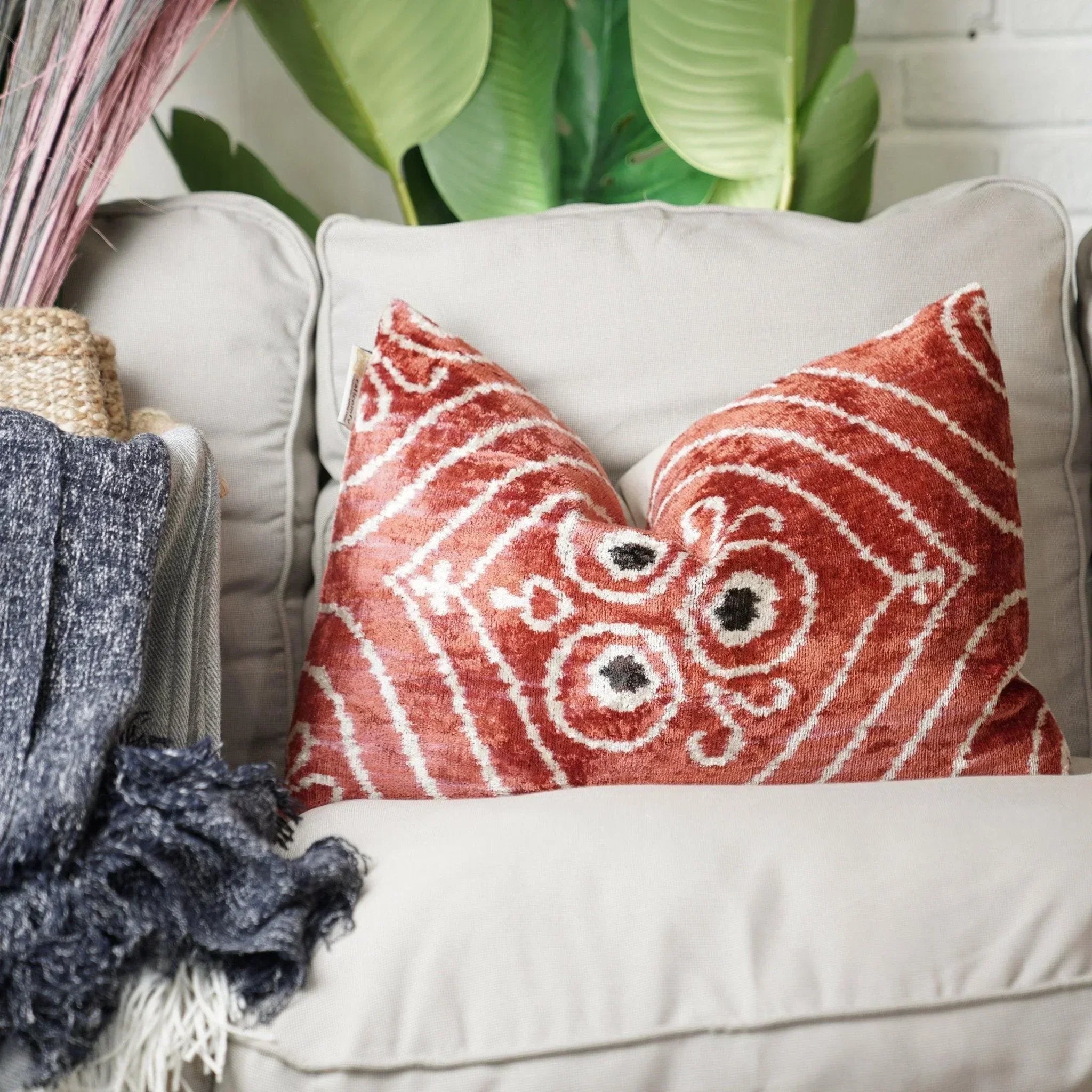 Canvello Handmade Red Brown Floral Throw Pillow with Down Insert -16"X24" Canvello
