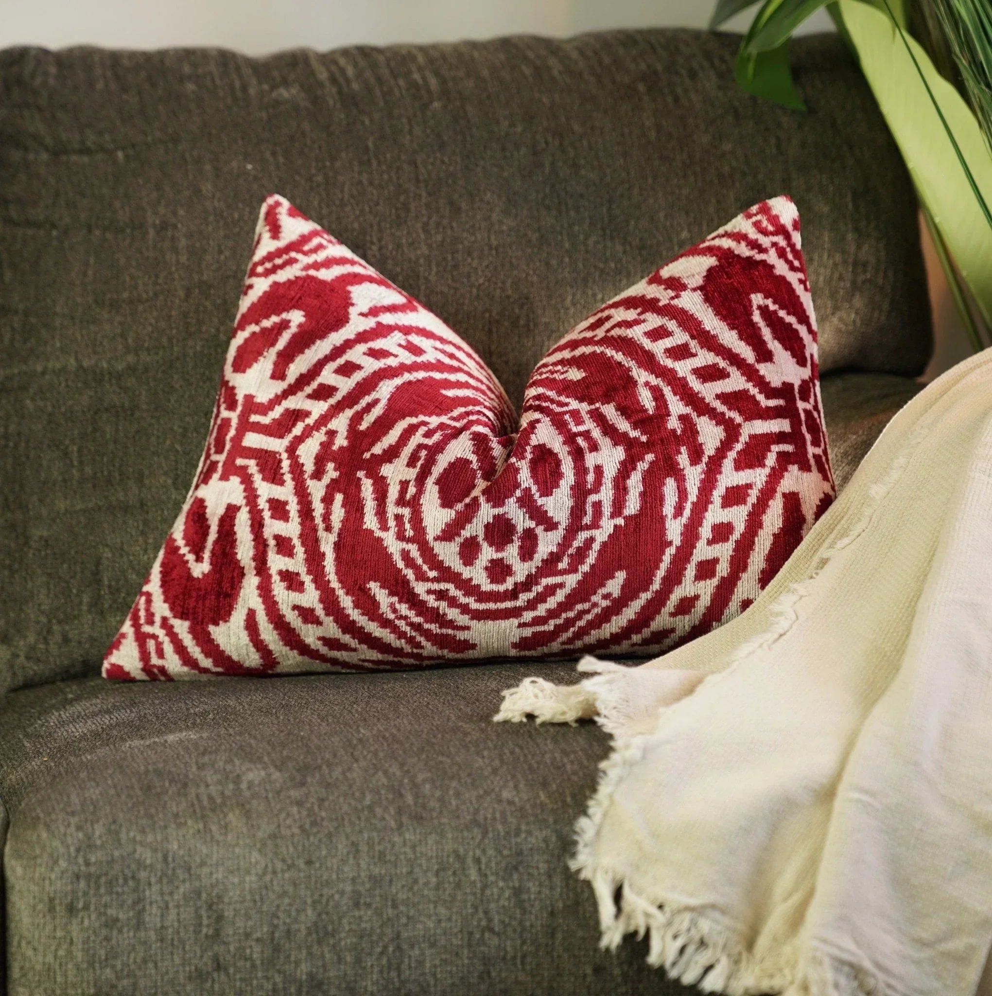 Canvello Handmade Red Super Soft Pillow with Down Insert- 16"x24", side view - House Of Avana