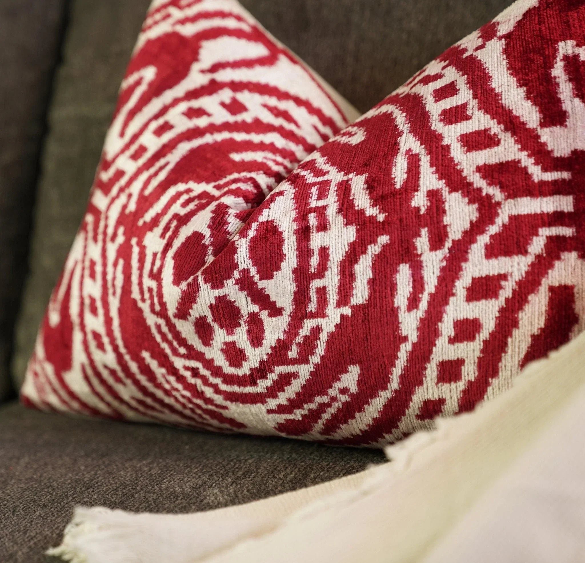 Canvello Handmade Red Super Soft Pillow with Down Insert- 16"x24", top view - House Of Avana