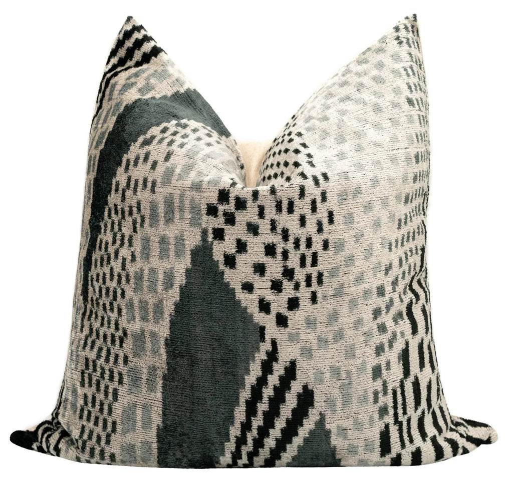 Canvello Handmade Silk Velvet Throw Pillow with Down Feather Insert – Geometric Black and Grey Design -... - House Of Avana