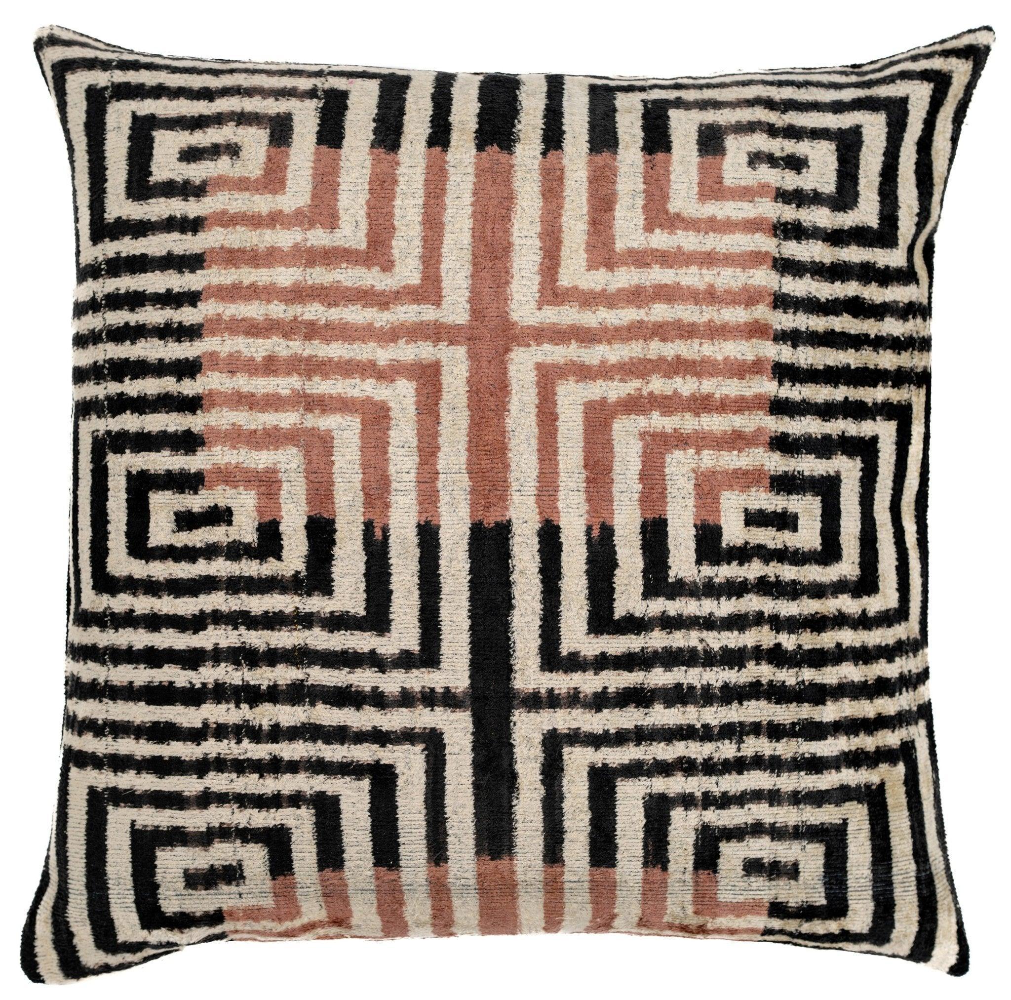 Canvello Handmade Silk Velvet Throw Pillow with Down Feather Insert – Maze Pattern in Black, Grey, and... - House Of Avana