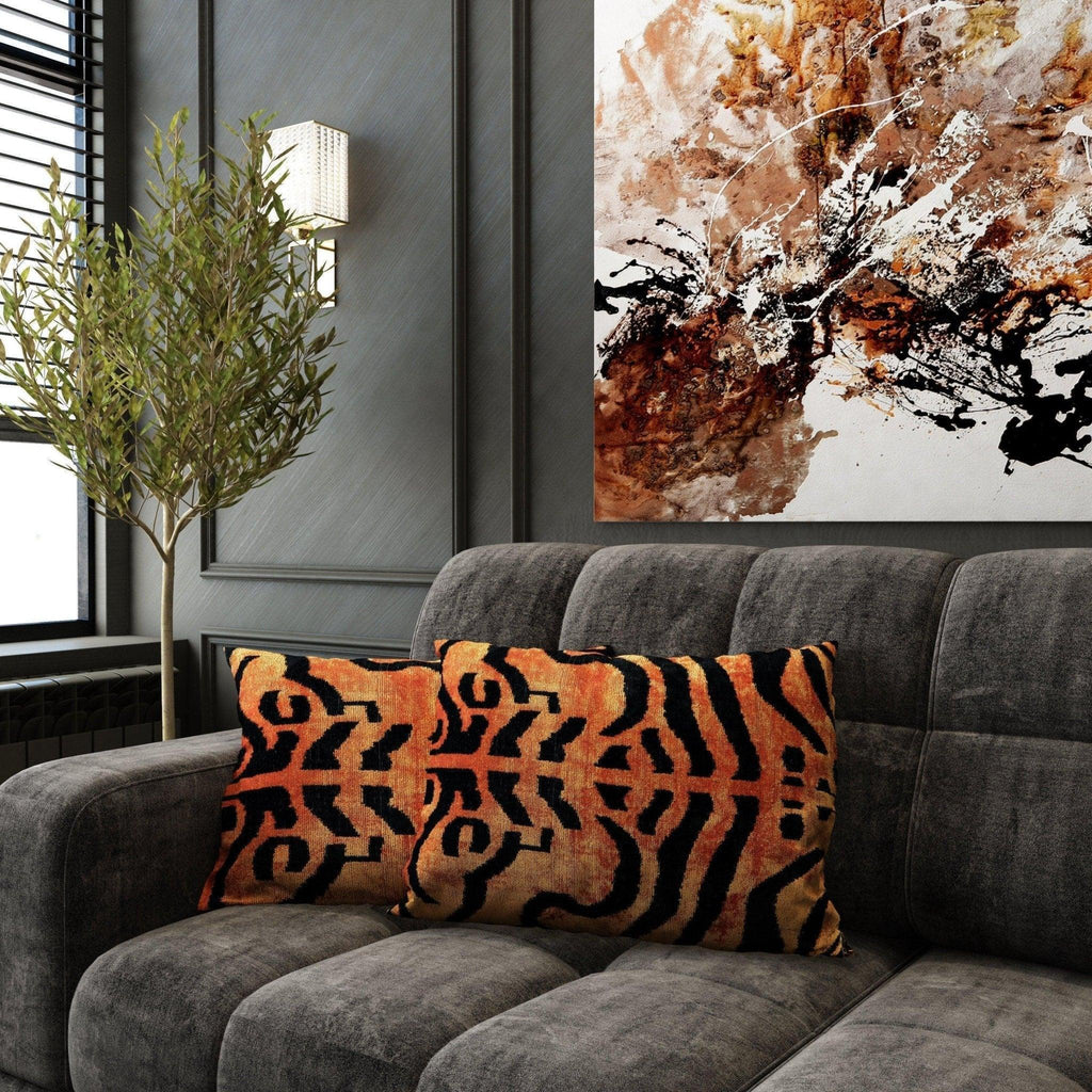 Canvello Handmade Tiger Print Velvet Throw Pillow with Down Insert - 16X24 in Canvello