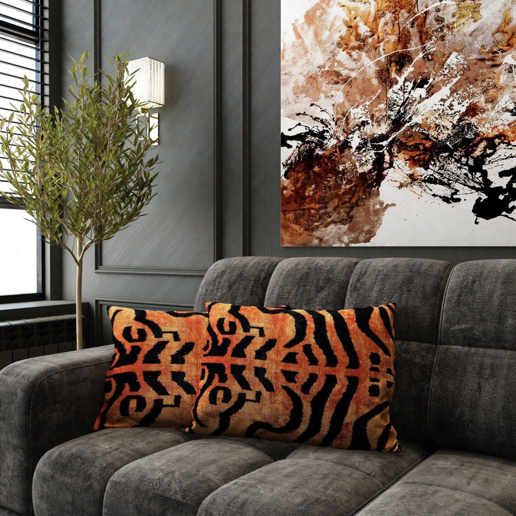 Canvello Handmade Tiger Print Velvet Throw Pillow with Down Insert - 16X24 in Canvello