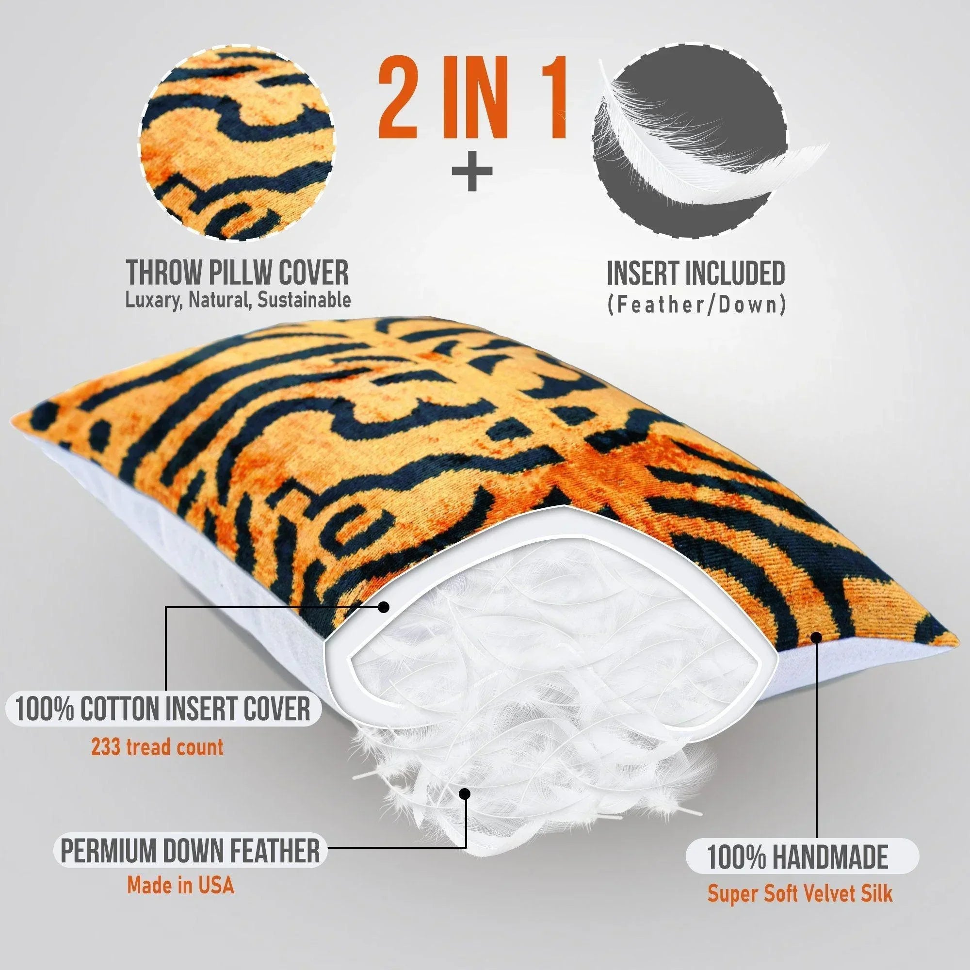 Canvello Handmade Tiger Print Velvet Throw Pillow with Down Insert - 16X24 in Canvello