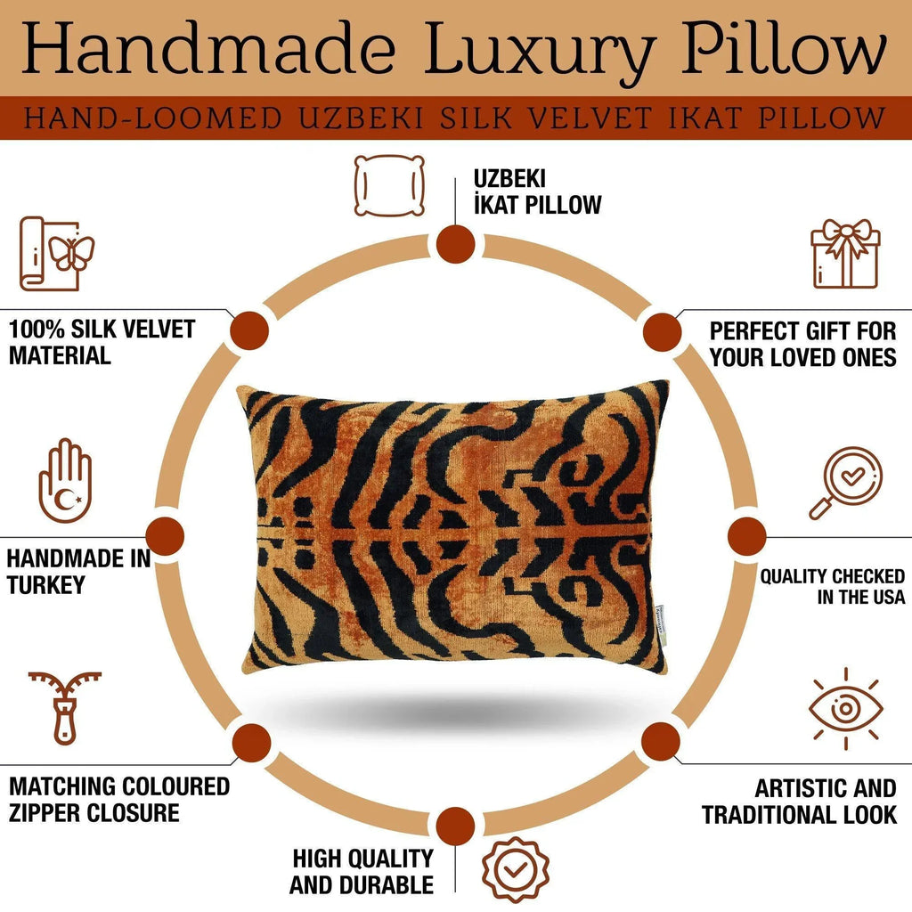 Canvello Handmade Tiger Print Velvet Throw Pillow with Down Insert - 16X24 in Canvello