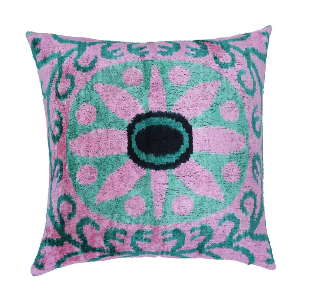Canvello Handmade Velvet Green And Pink Pillow | 20 x 20 in (50 x 50 cm) Canvello