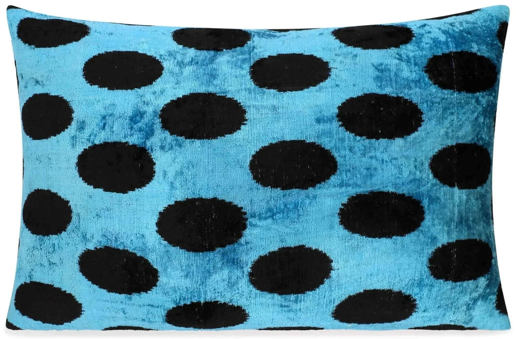 Canvello Handmade Velvet Lumbar Pillow in Blue and Black Polka Dot Design - High-Quality 16x24 Inch Decorative Accent with Premium Down Feather Insert Canvello