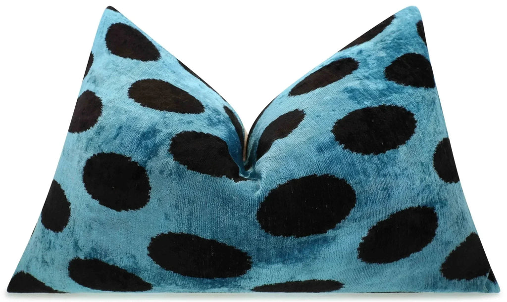 Canvello Handmade Velvet Lumbar Pillow in Blue and Black Polka Dot Design - High-Quality 16x24 Inch Decorative Accent with Premium Down Feather Insert Canvello