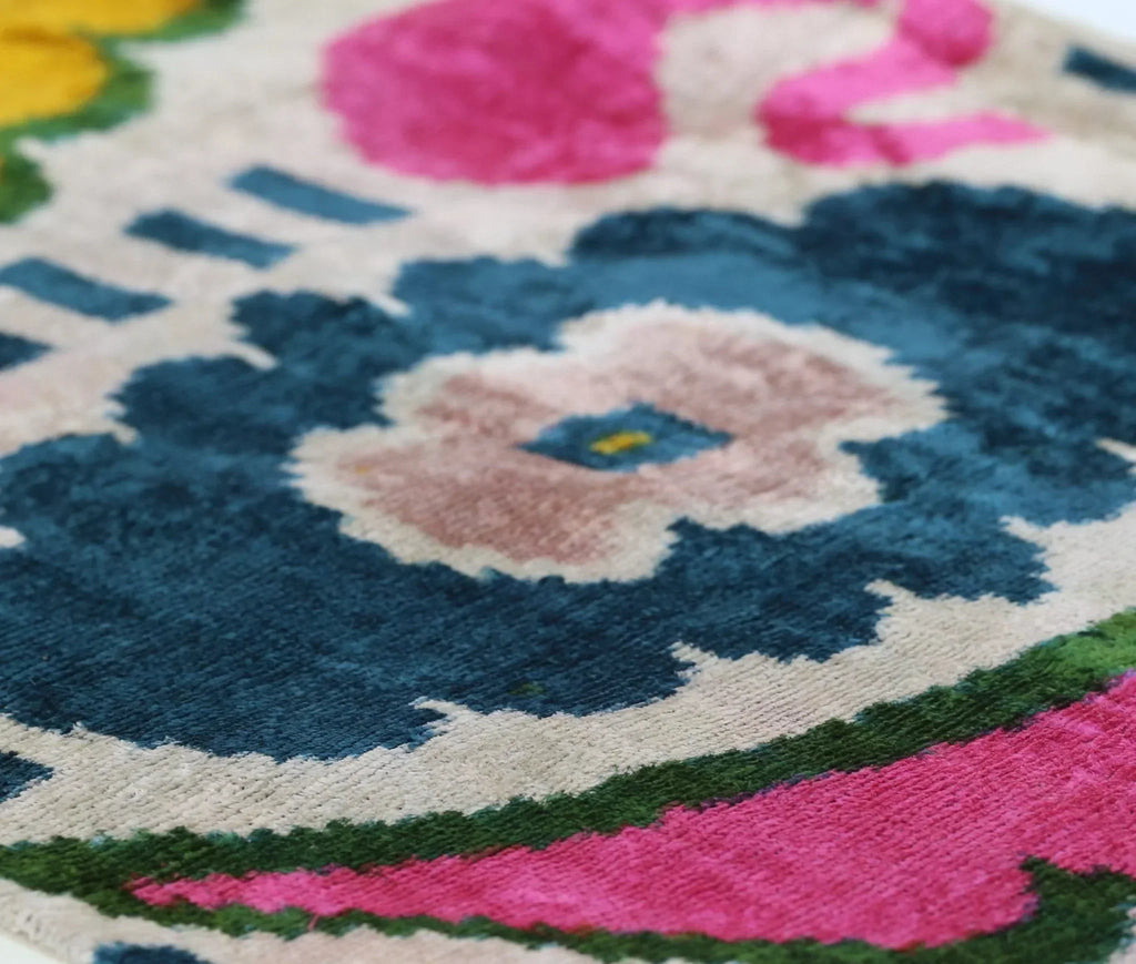 Canvello Handmade Velvet Lumbar Pillow in Bright Pink, Teal, and Yellow Floral Ikat Design -... - House Of Avana