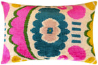 Canvello Handmade Velvet Lumbar Pillow in Bright Pink, Teal, and Yellow Floral Ikat Design -... - House Of Avana