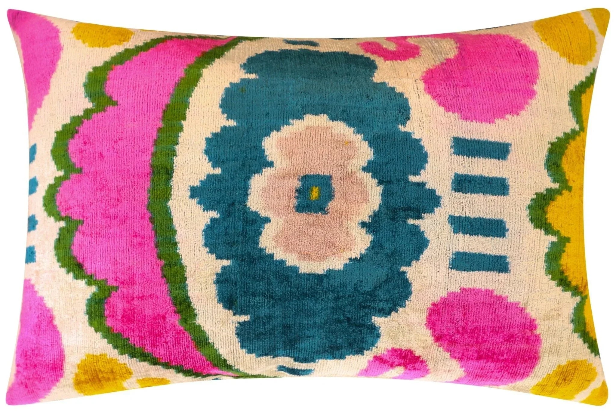 Canvello Handmade Velvet Lumbar Pillow in Bright Pink, Teal, and Yellow Floral Ikat Design -... - House Of Avana