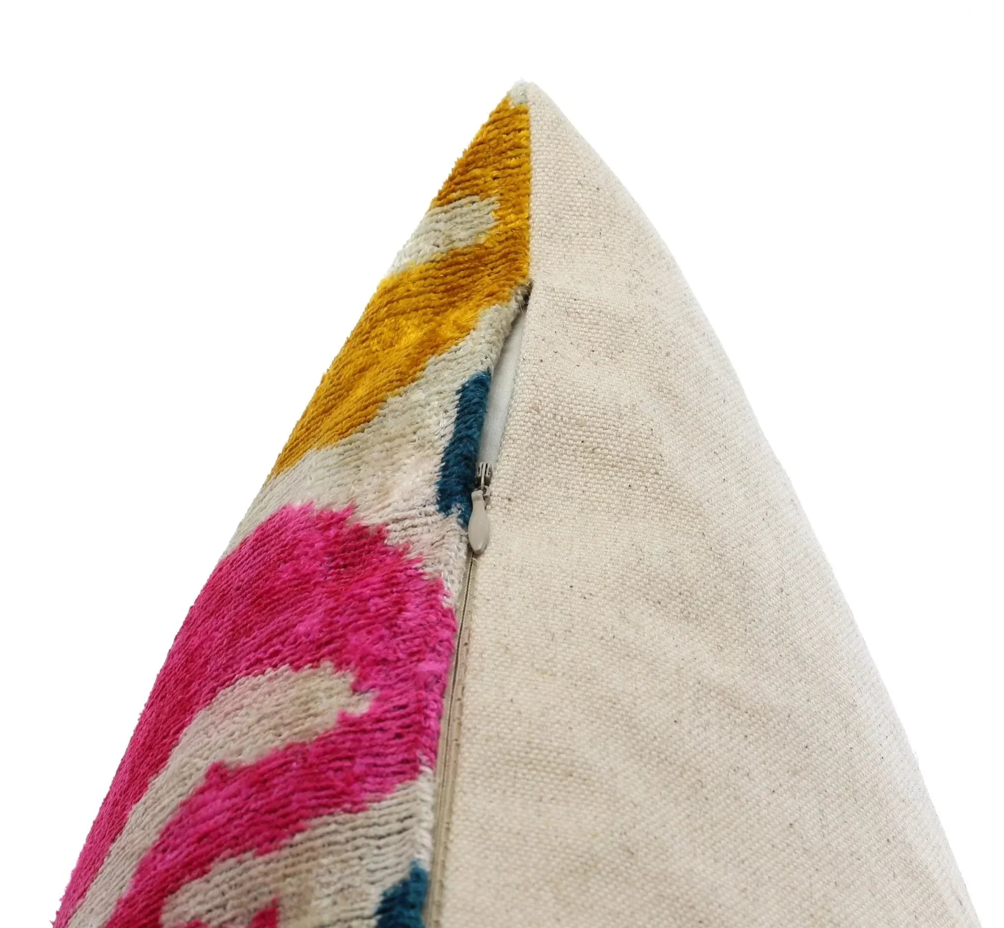 Canvello Handmade Velvet Lumbar Pillow in Bright Pink, Teal, and Yellow Floral Ikat Design -... - House Of Avana
