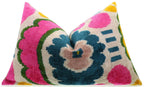 Canvello Handmade Velvet Lumbar Pillow in Bright Pink, Teal, and Yellow Floral Ikat Design -... - House Of Avana