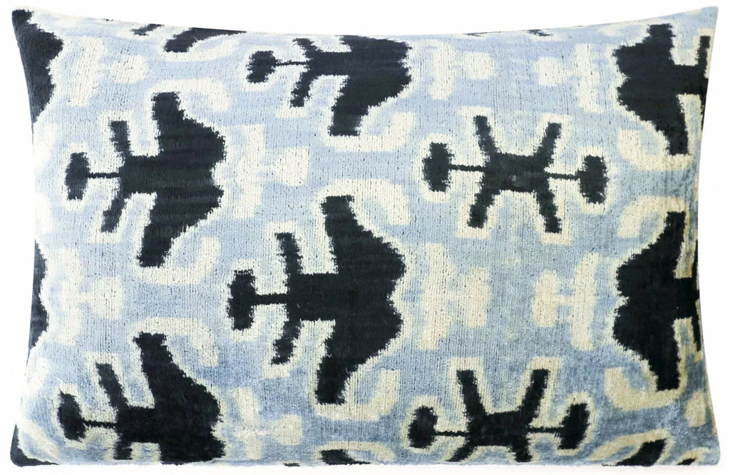 Canvello Handmade Velvet Lumbar Pillow in Gray and Black Ikat Design - High-Quality 16x24 Inch Decorative Accent with Premium Down Feather Insert for Sofas, Couches, and Interior Design Canvello
