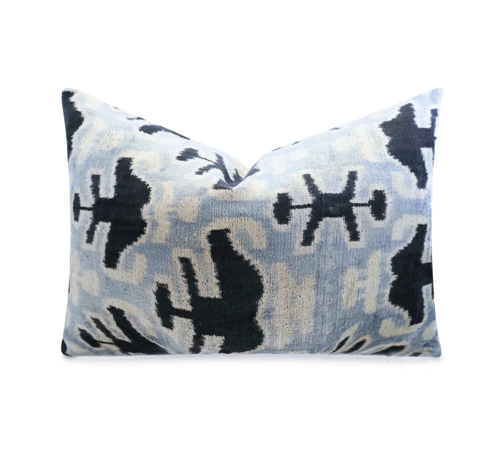Canvello Handmade Velvet Lumbar Pillow in Gray and Black Ikat Design - High-Quality 16x24 Inch Decorative Accent with Premium Down Feather Insert for Sofas, Couches, and Interior Design Canvello