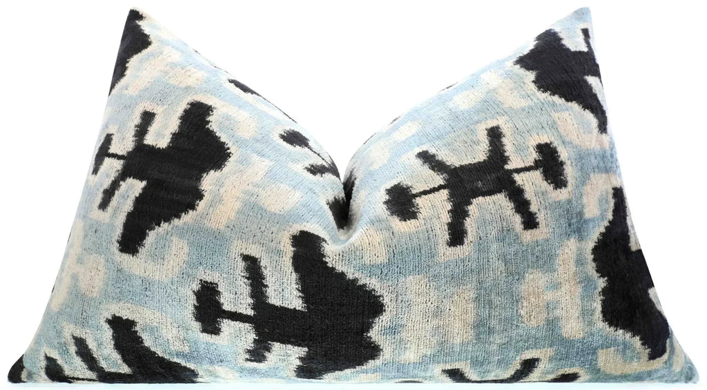 Canvello Handmade Velvet Lumbar Pillow in Gray and Black Ikat Design - High-Quality 16x24 Inch Decorative Accent with Premium Down Feather Insert for Sofas, Couches, and Interior Design Canvello