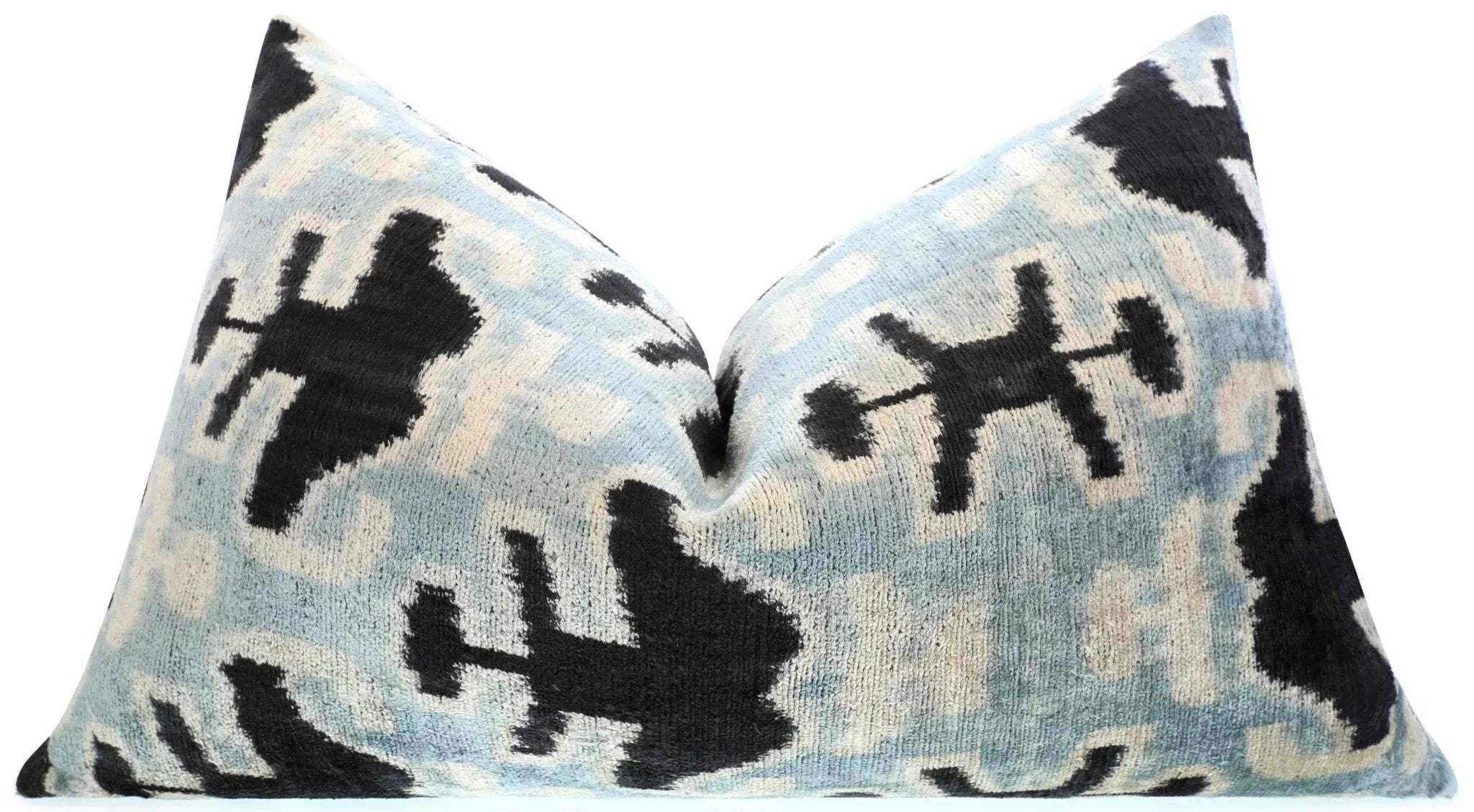 Canvello Handmade Velvet Lumbar Pillow in Gray and Black Ikat Design - High-Quality 16x24 Inch Decorative Accent with Premium Down Feather Insert for Sofas, Couches, and Interior Design Canvello