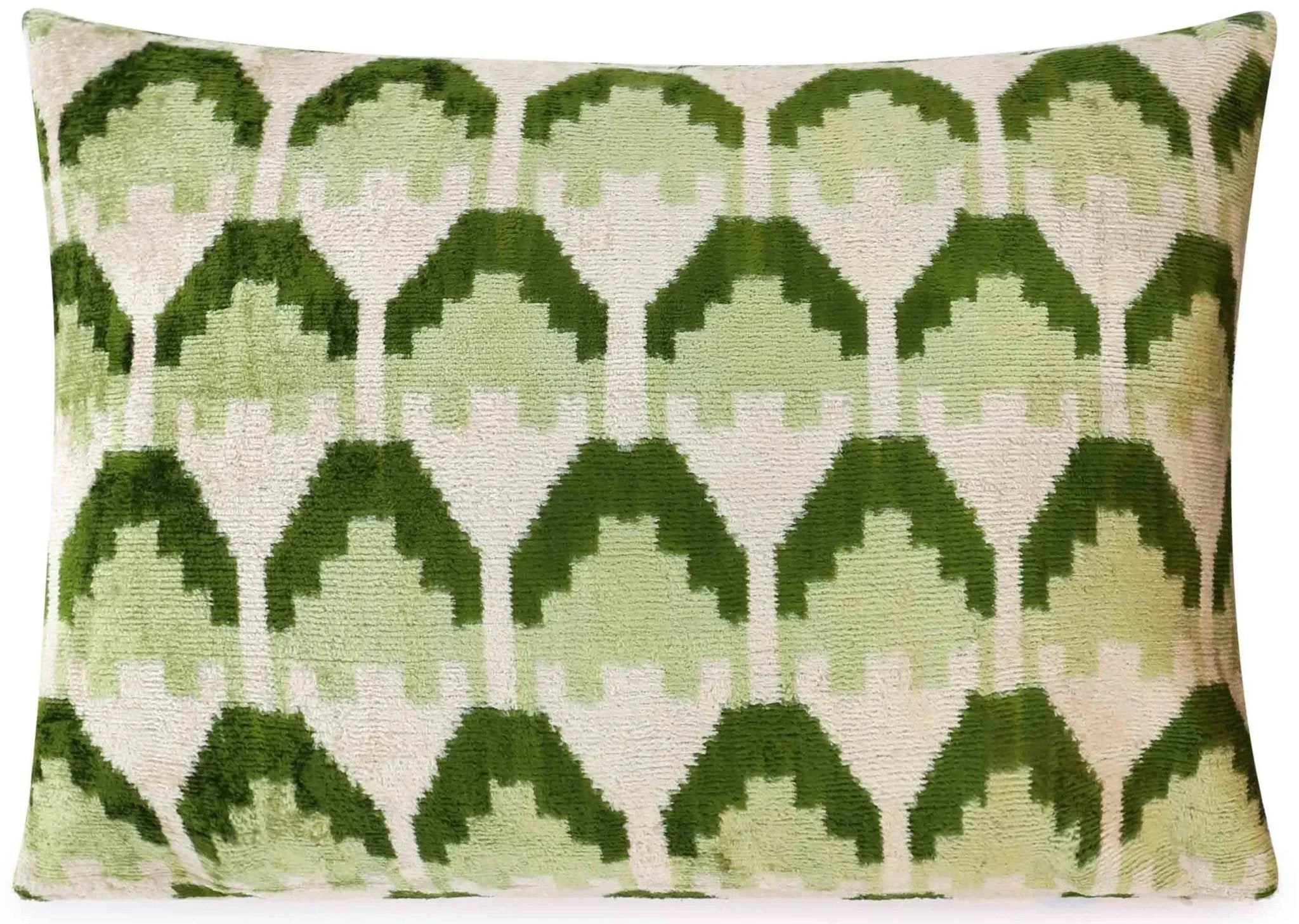 Canvello Handmade Velvet Lumbar Pillow in Green and Cream Ikat Design - High-Quality Decorative Accent with Premium Down Feather Insert Canvello