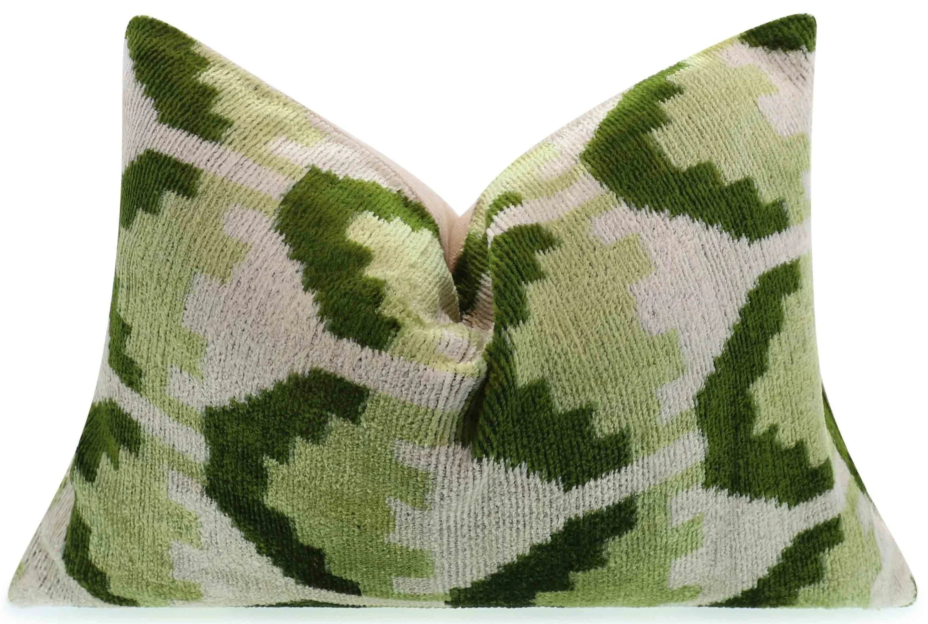 Canvello Handmade Velvet Lumbar Pillow in Green and Cream Ikat Design - High-Quality Decorative Accent with Premium Down Feather Insert Canvello