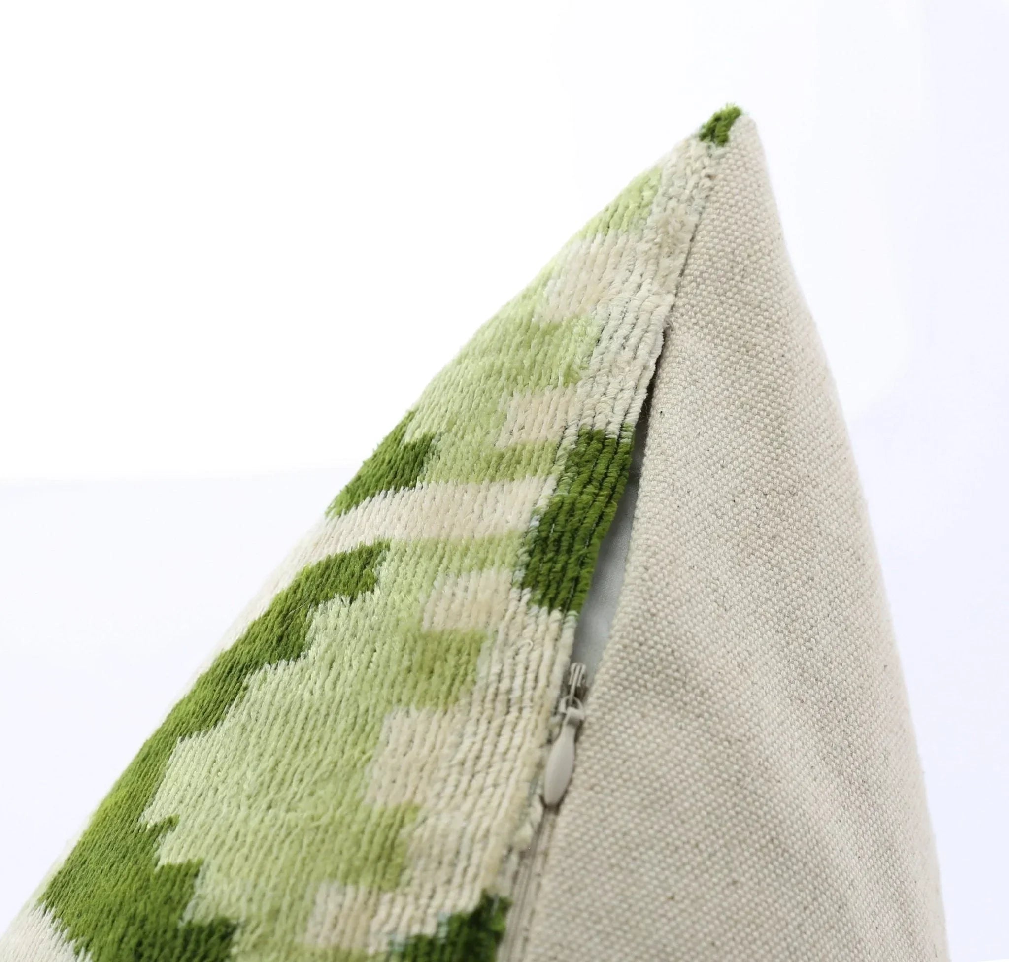 Canvello Handmade Velvet Lumbar Pillow in Green and Cream Ikat Design - High-Quality Decorative Accent with Premium Down Feather Insert Canvello