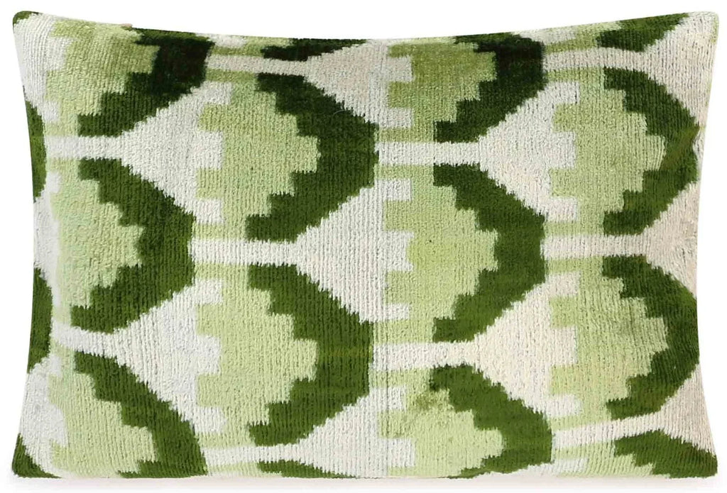 Canvello Handmade Velvet Lumbar Pillow in Green and Cream Ikat Design - High-Quality Decorative Accent with Premium Down Feather Insert Canvello
